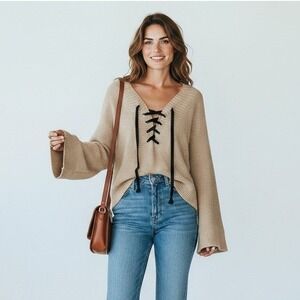 Boho Lace Up Cotton Sweater Womans L Beige Black Grommet V Neck Grunge Indie 90s